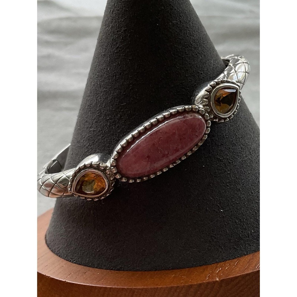 Vintage NF 925 Sterling Silver Hinged Cuff Bangle Bracelet Gemstones Estate